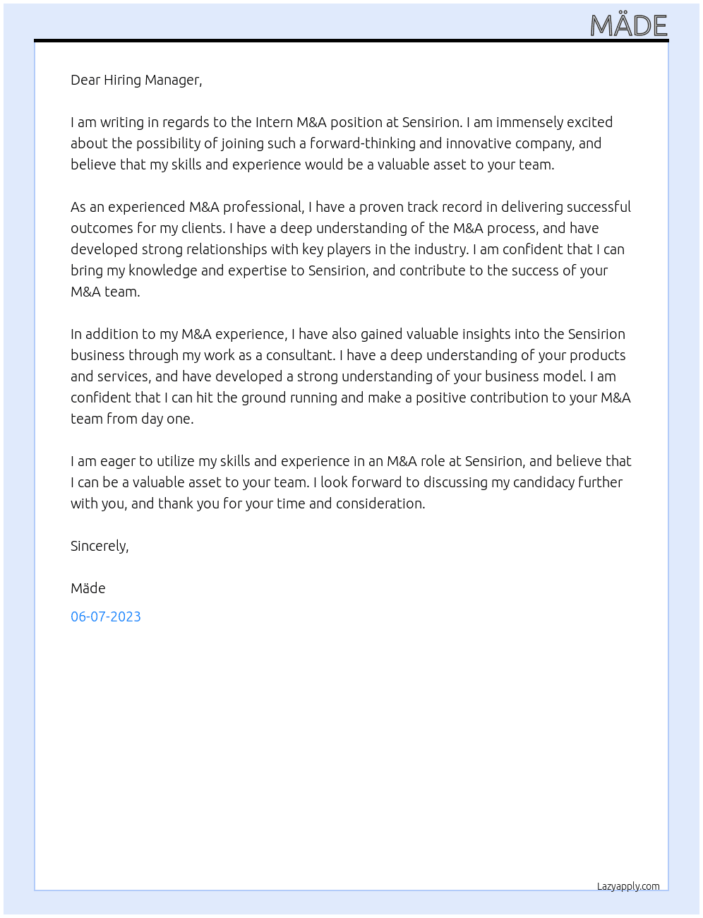 Intern M&A At Sensirion Cover Letter