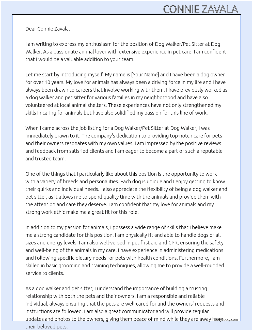 Dog walker/pet sitter At Dog walker  Cover Letter