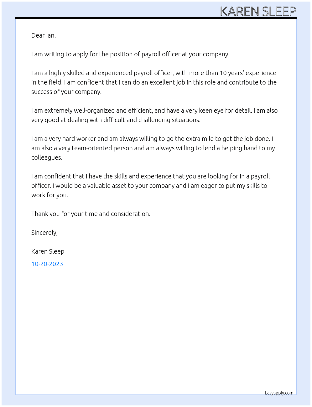 payroll officer At undefined Cover Letter