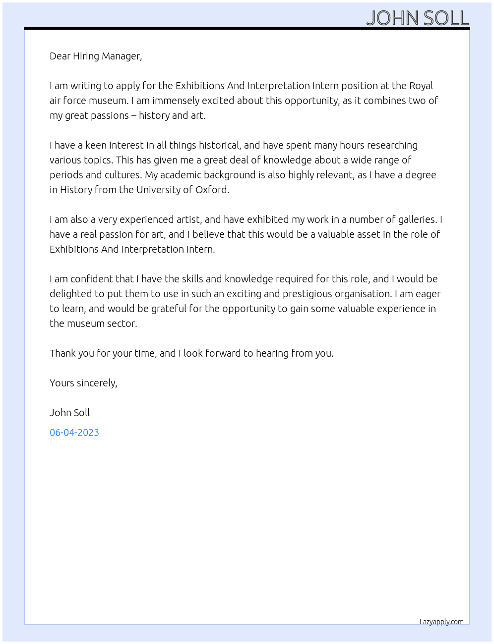 Exhibitions And Interpretation Intern At Royal air force museum Cover Letter