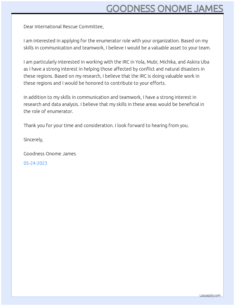 Enumerator At International rescue Commitee Cover Letter