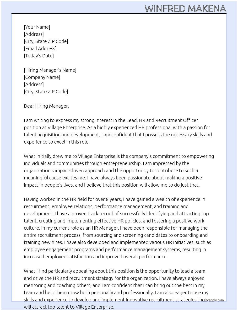 Lead, HR and Recruitment Officer At Village enterprise Cover Letter