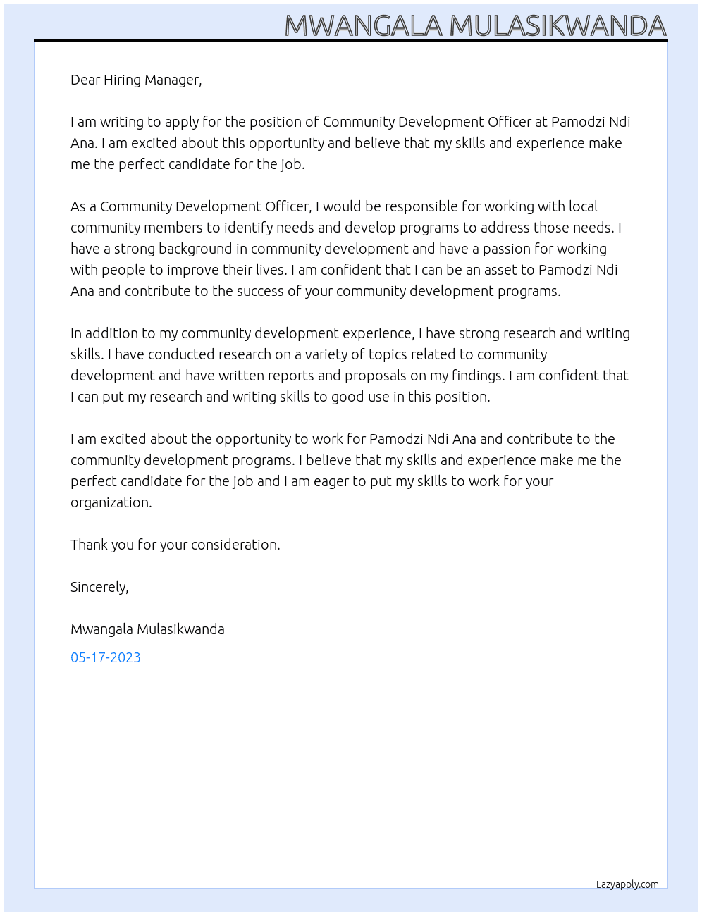 community development officer At Pamodzi Ndi Ana Cover Letter