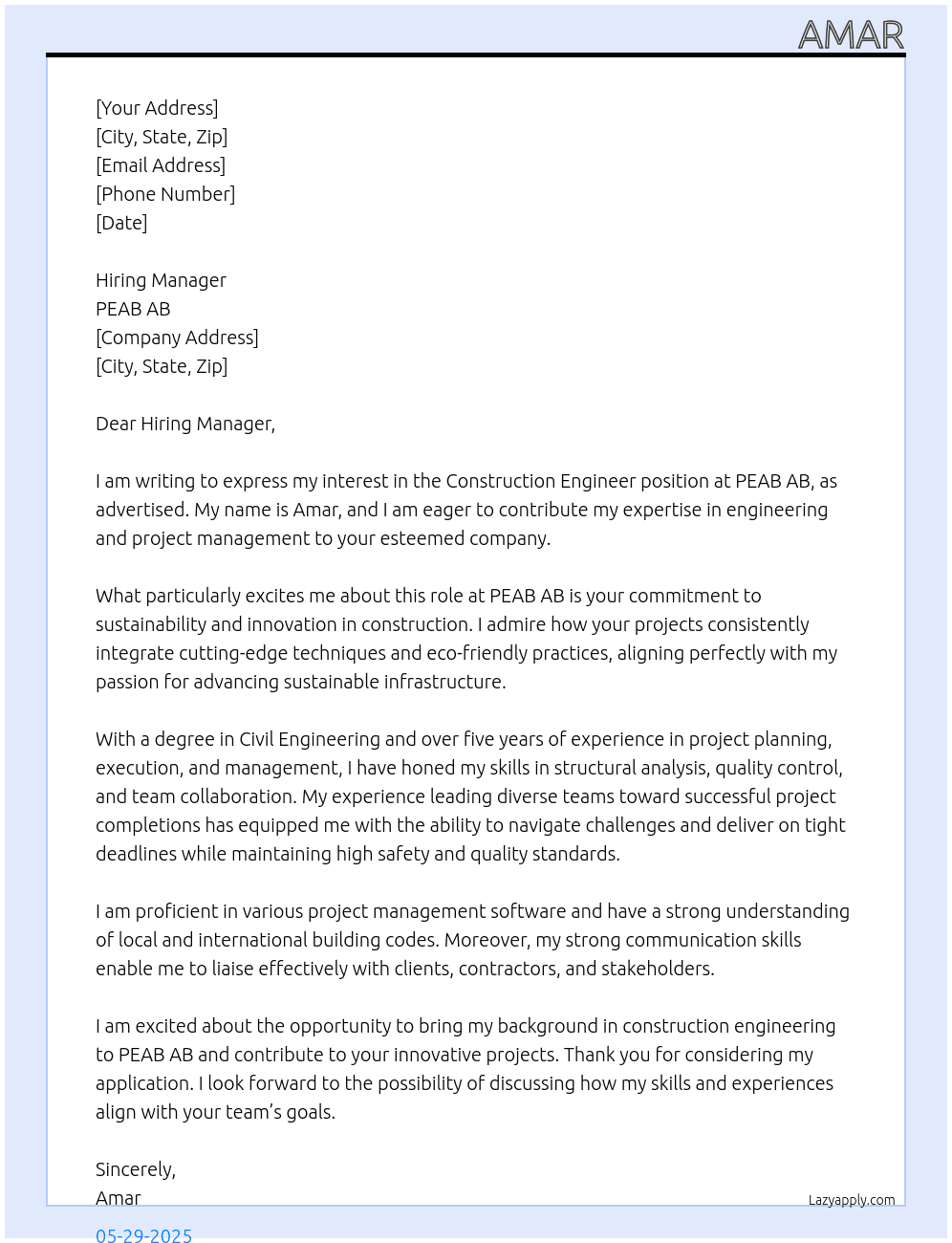 Construction engineer At PEAB AB Cover Letter