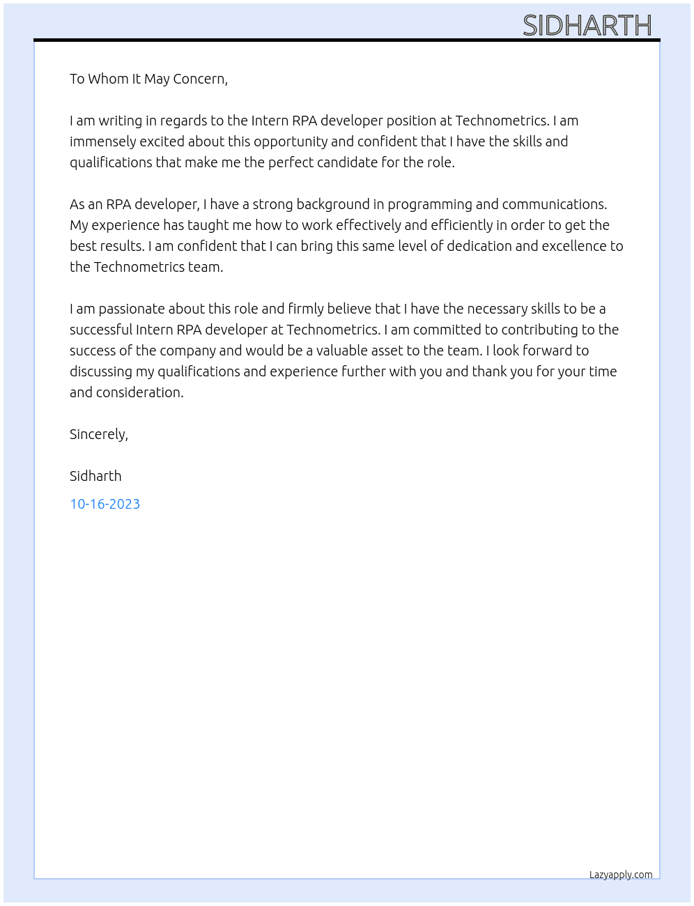 Intern RPA developer At Technometrics Cover Letter
