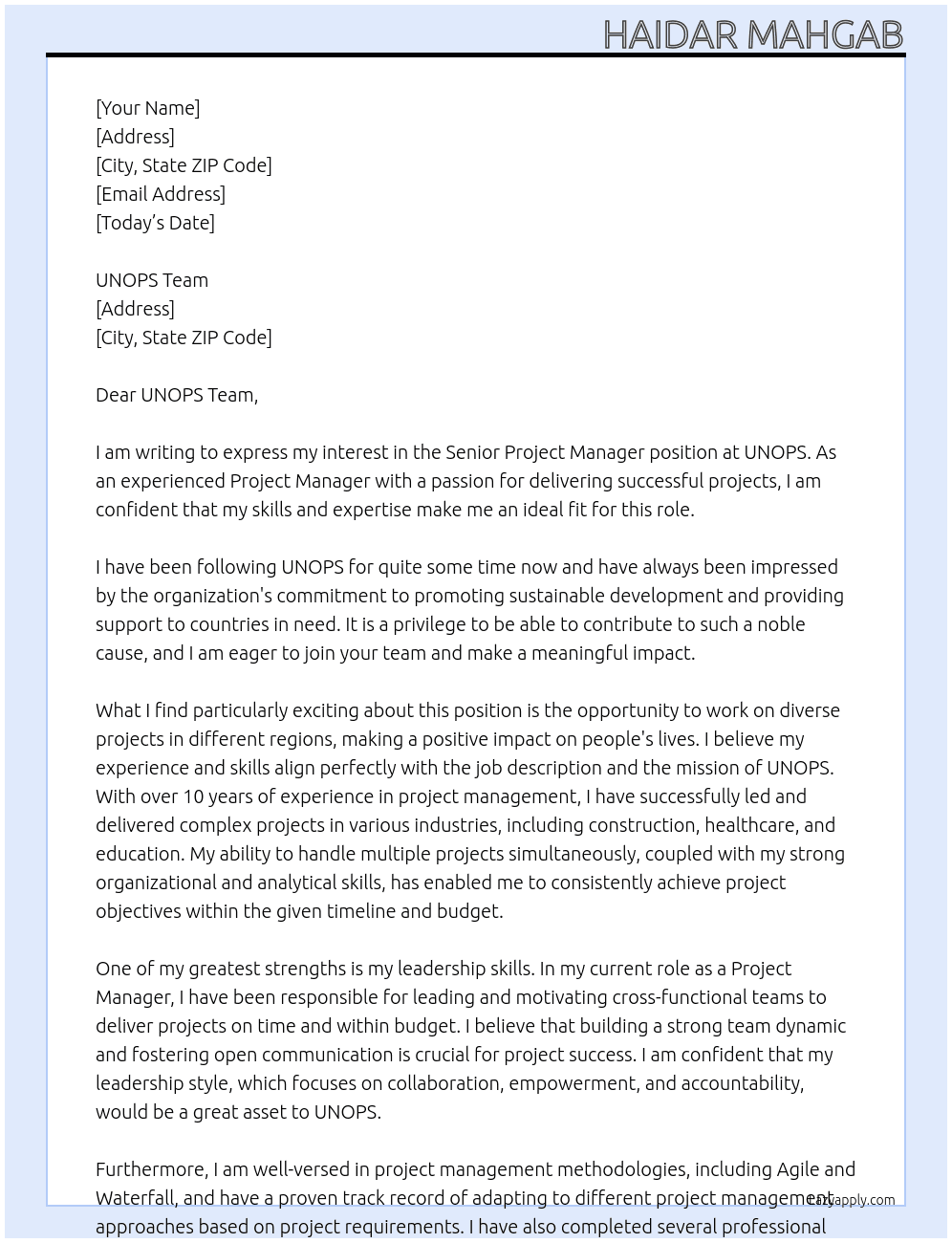  Senior Project Manager At UNOPS Cover Letter