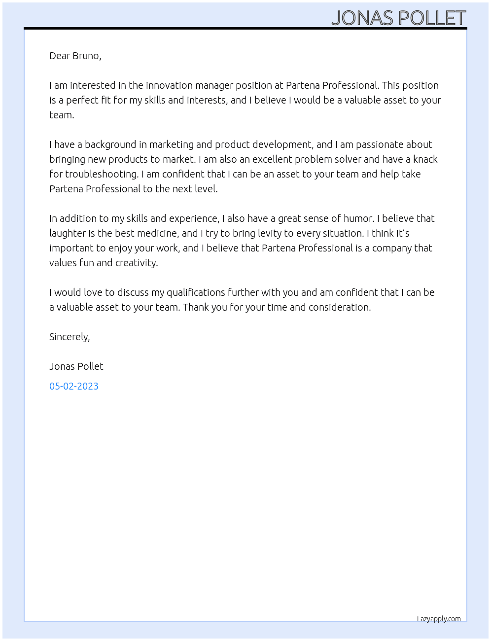 innovation manager At Partena Professional Cover Letter