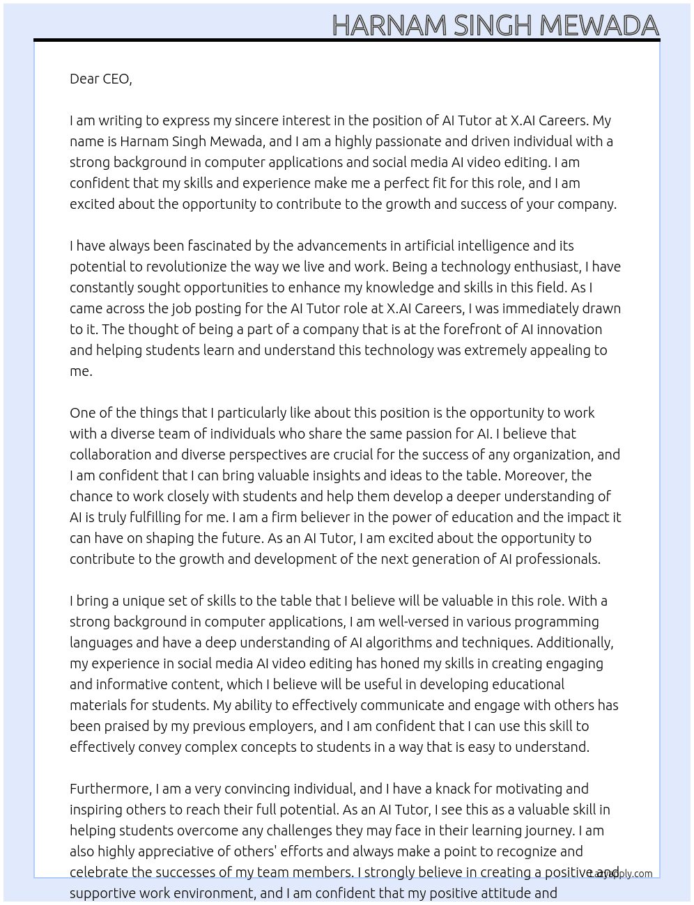 AI Tutor At X.AI Careers Cover Letter