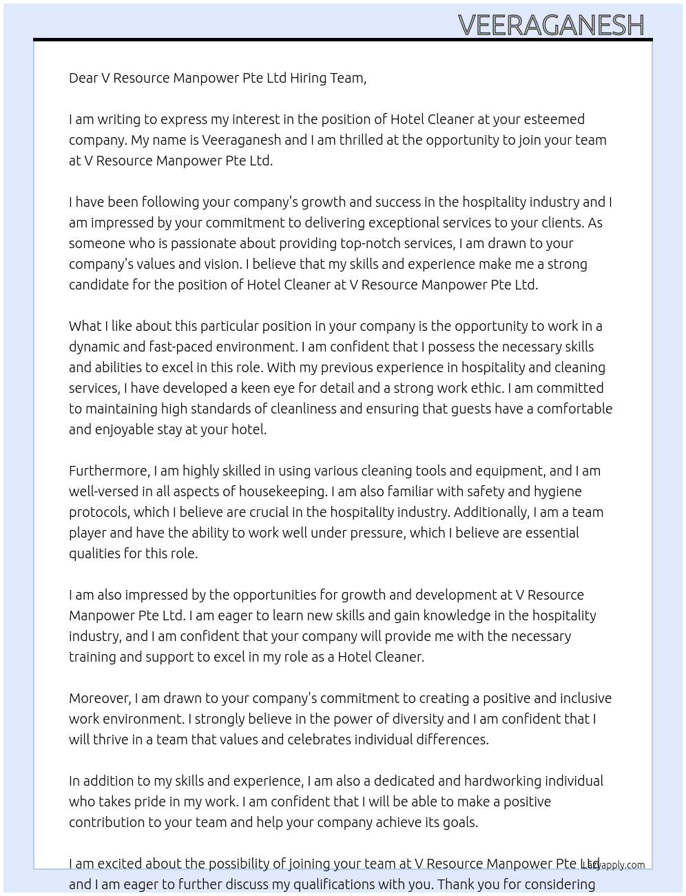 Hotel cleaner At V Resource Manpower Pte Ltd Cover Letter