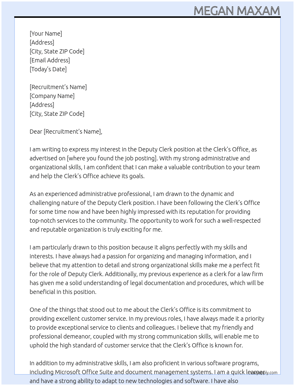 Deputy Clerk At Clerk's Office Cover Letter