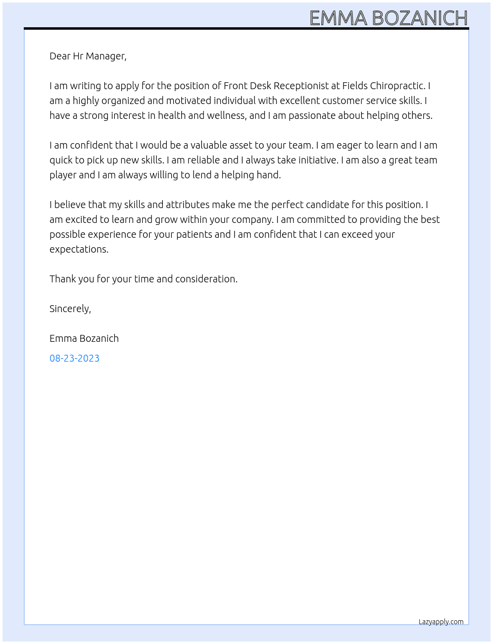 Front Desk Receptionist At Fields Chiropractic Cover Letter