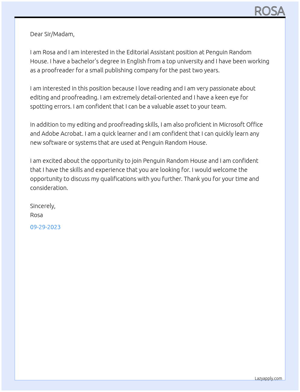 Editorial Assistant At Penguin Random House Cover Letter