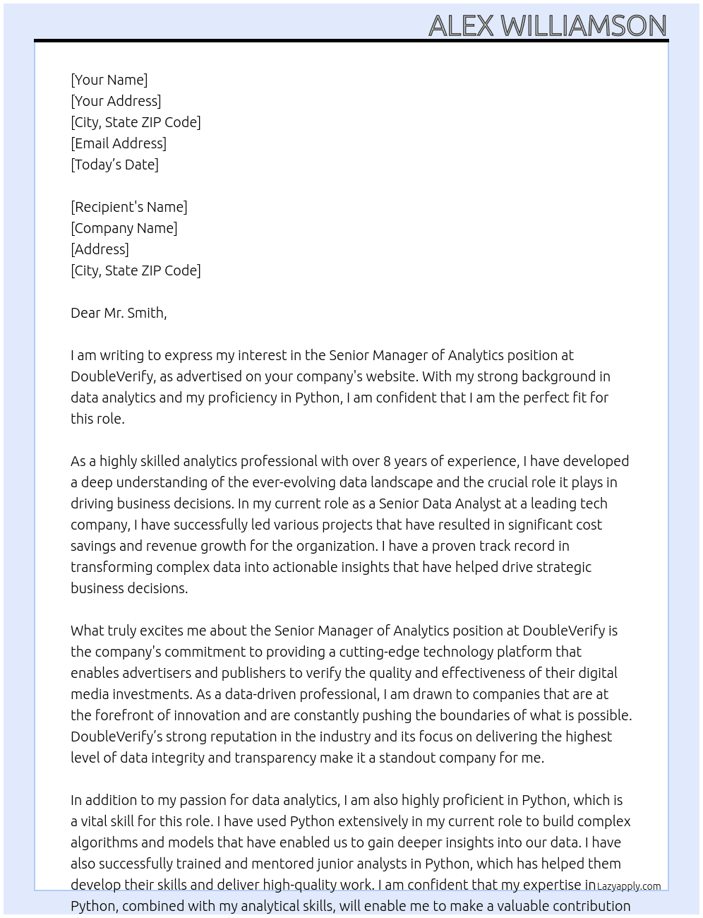 Senior Manager of Analytics At DoubleVerify Cover Letter