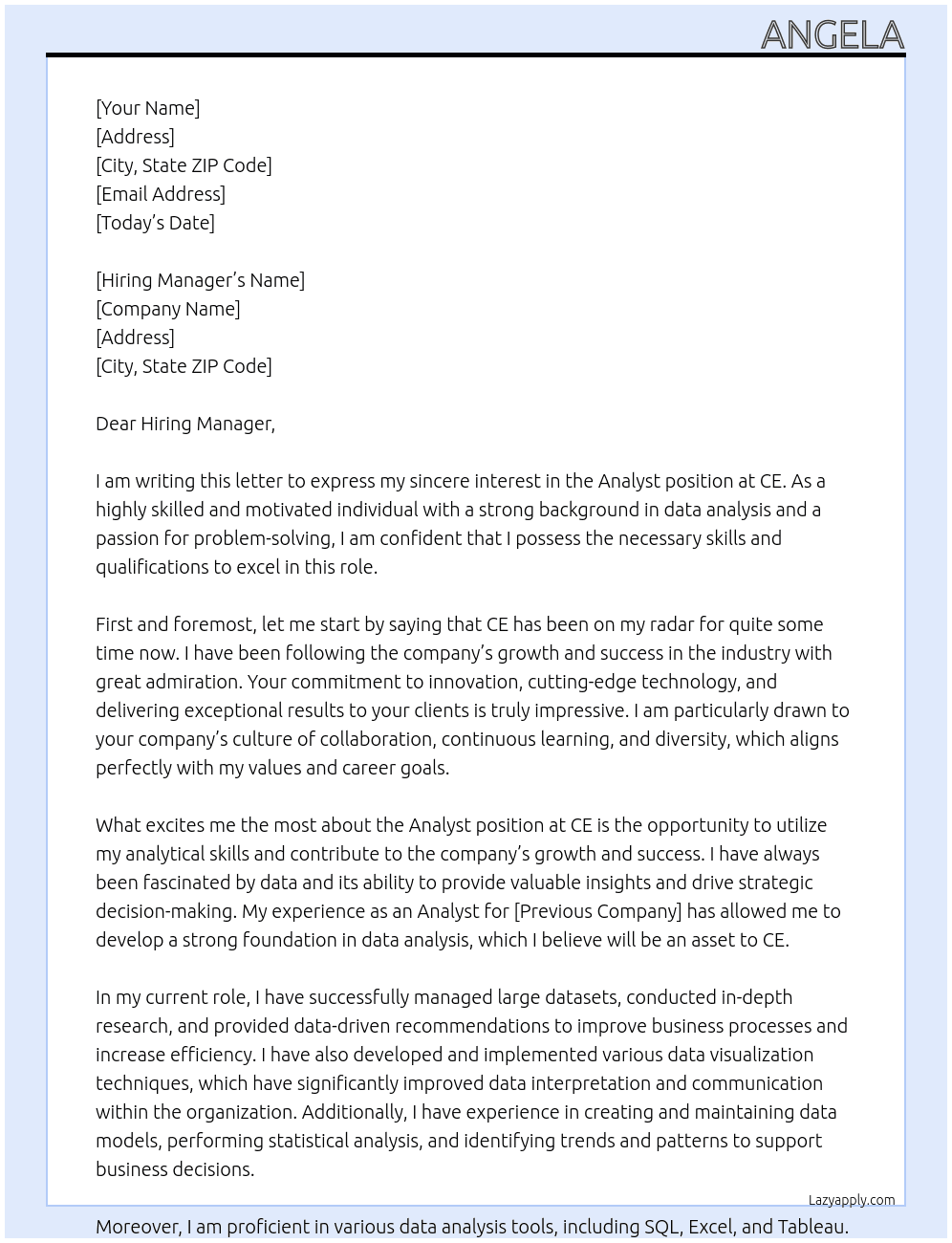 Analyst At CE Cover Letter