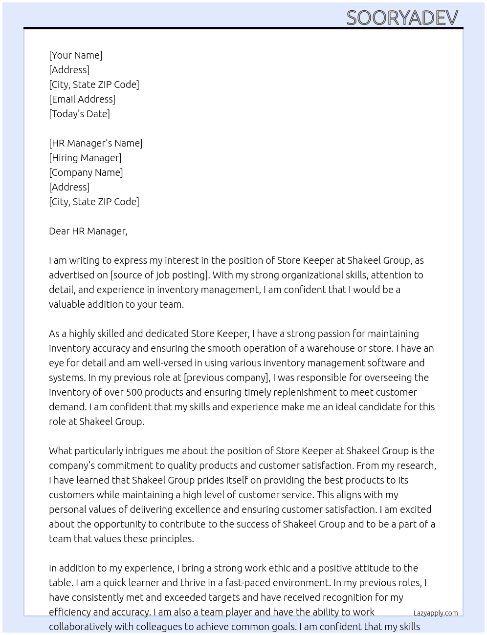 Store keeper  At Shakeel group Cover Letter
