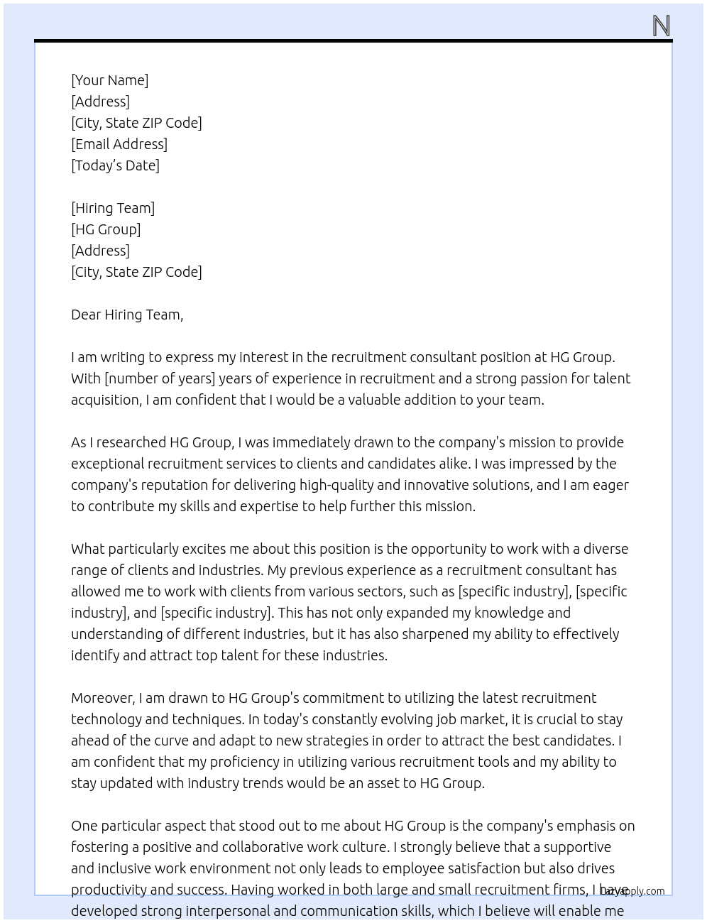 recruitment consultant At hg group Cover Letter