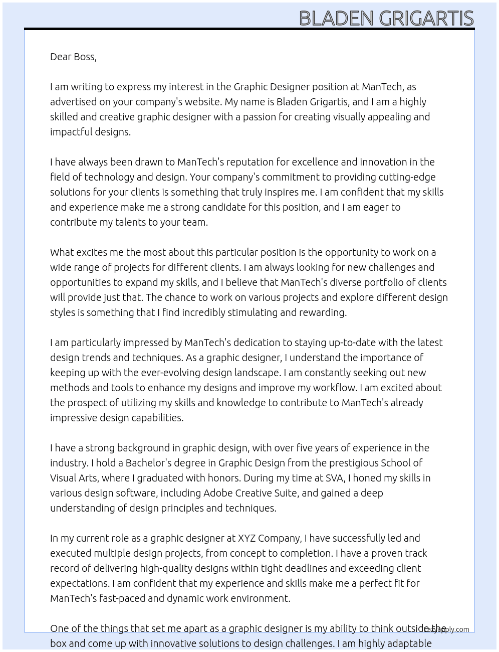 Graphic designer At ManTech Cover Letter