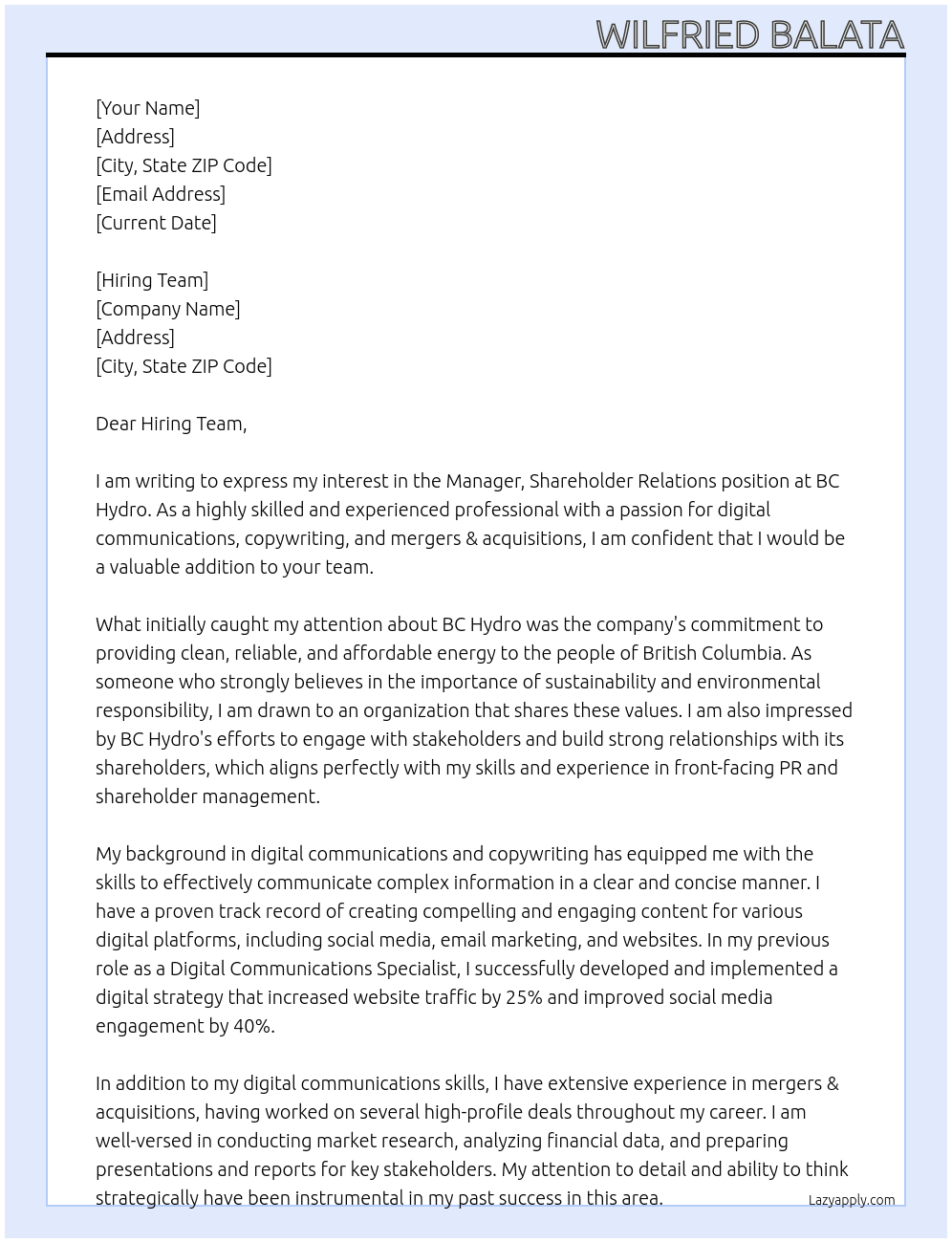 Manager, Shareholder Relations At BC Hydro Cover Letter