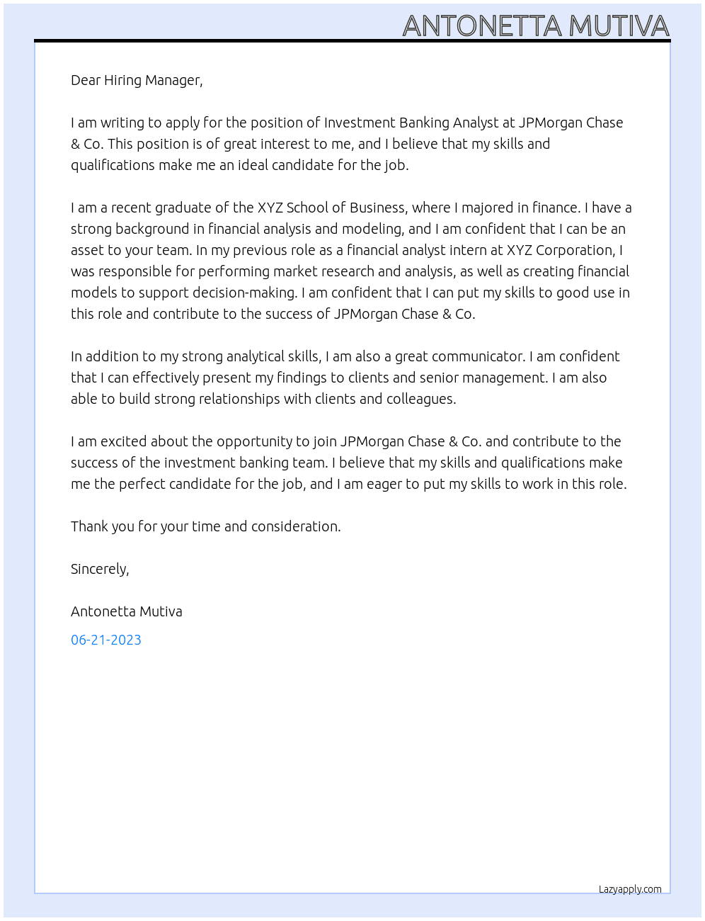 Investment Banking Analyst At JPMorgan Chase & Co.  Cover Letter