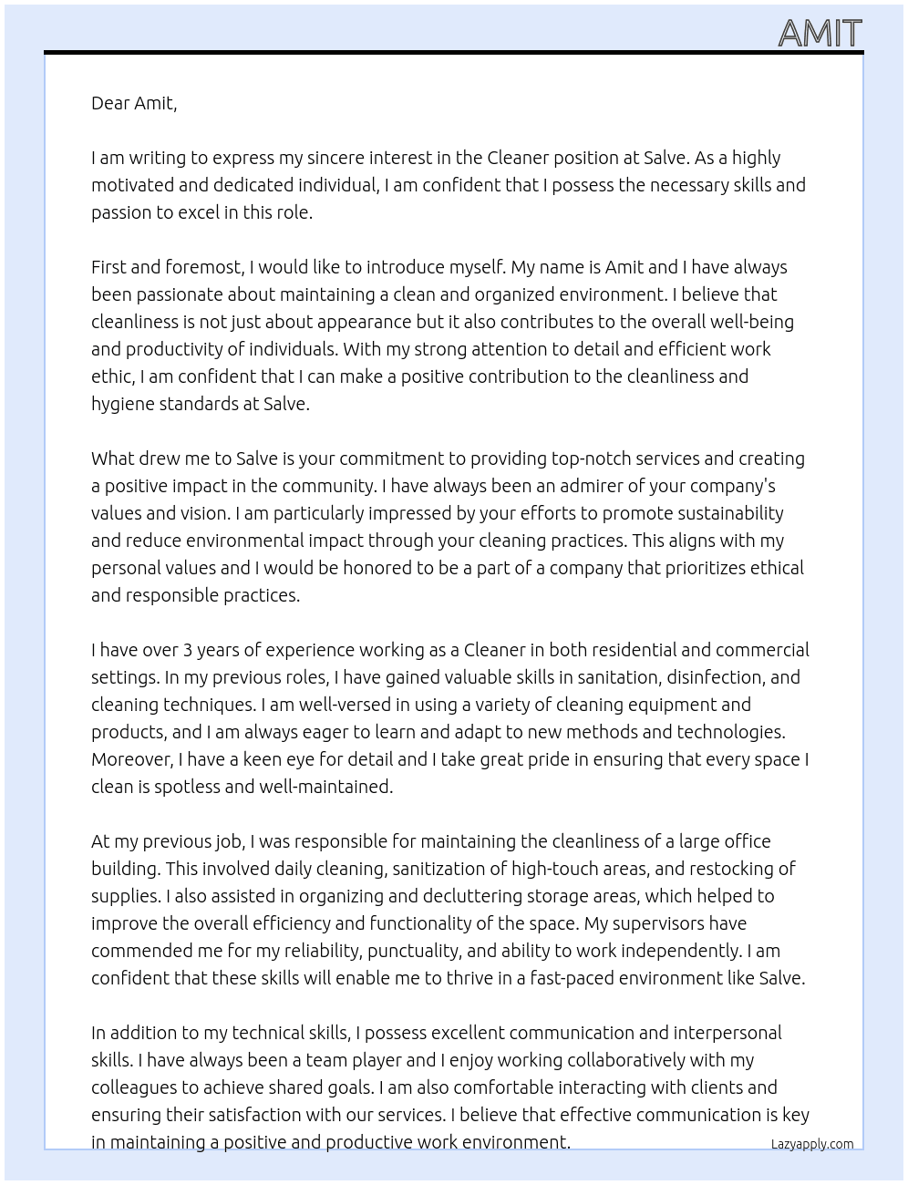 Cleaner At Salve Cover Letter
