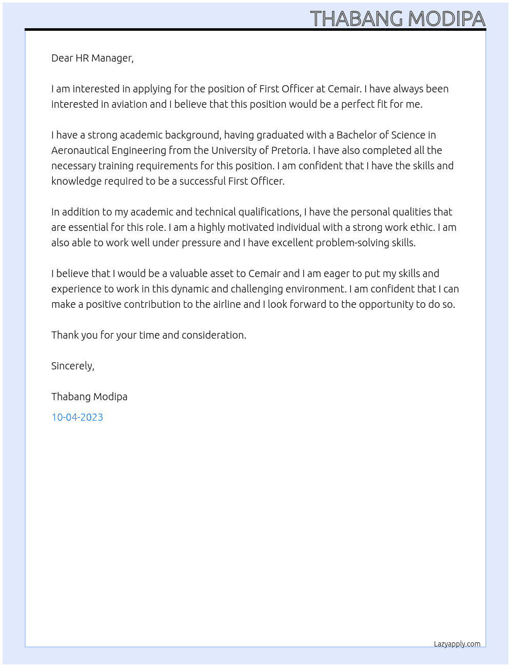 first officer At Cemair Cover Letter