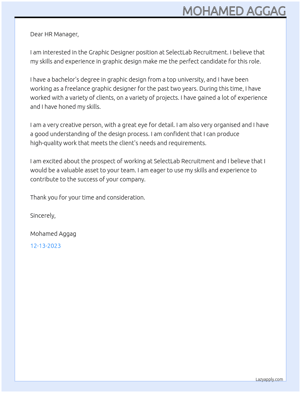 Graphic Designer At SelectLab Recruitment Cover Letter