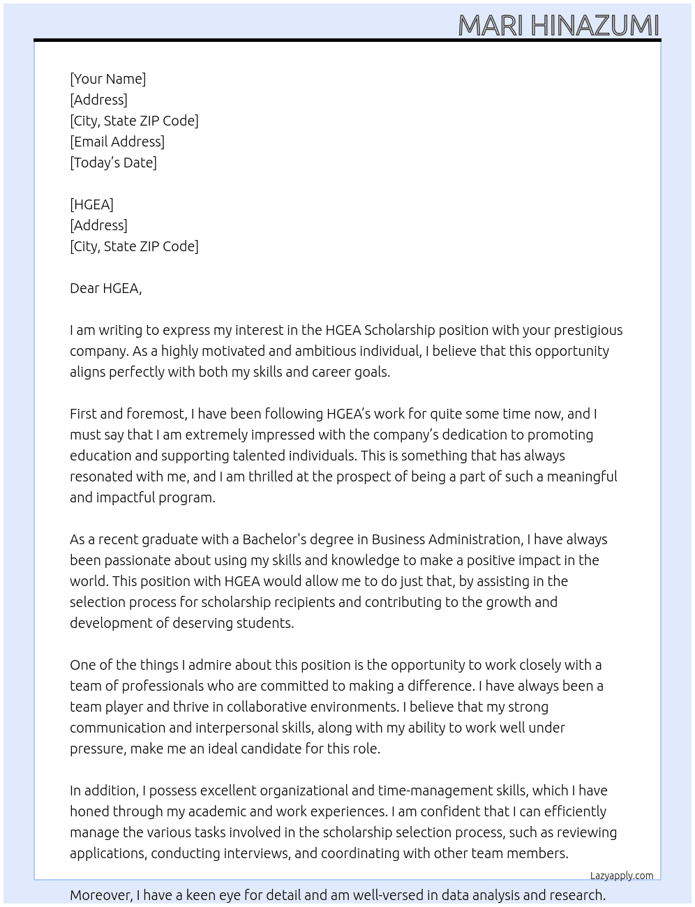 HGEA Scholarship At HGEA Cover Letter