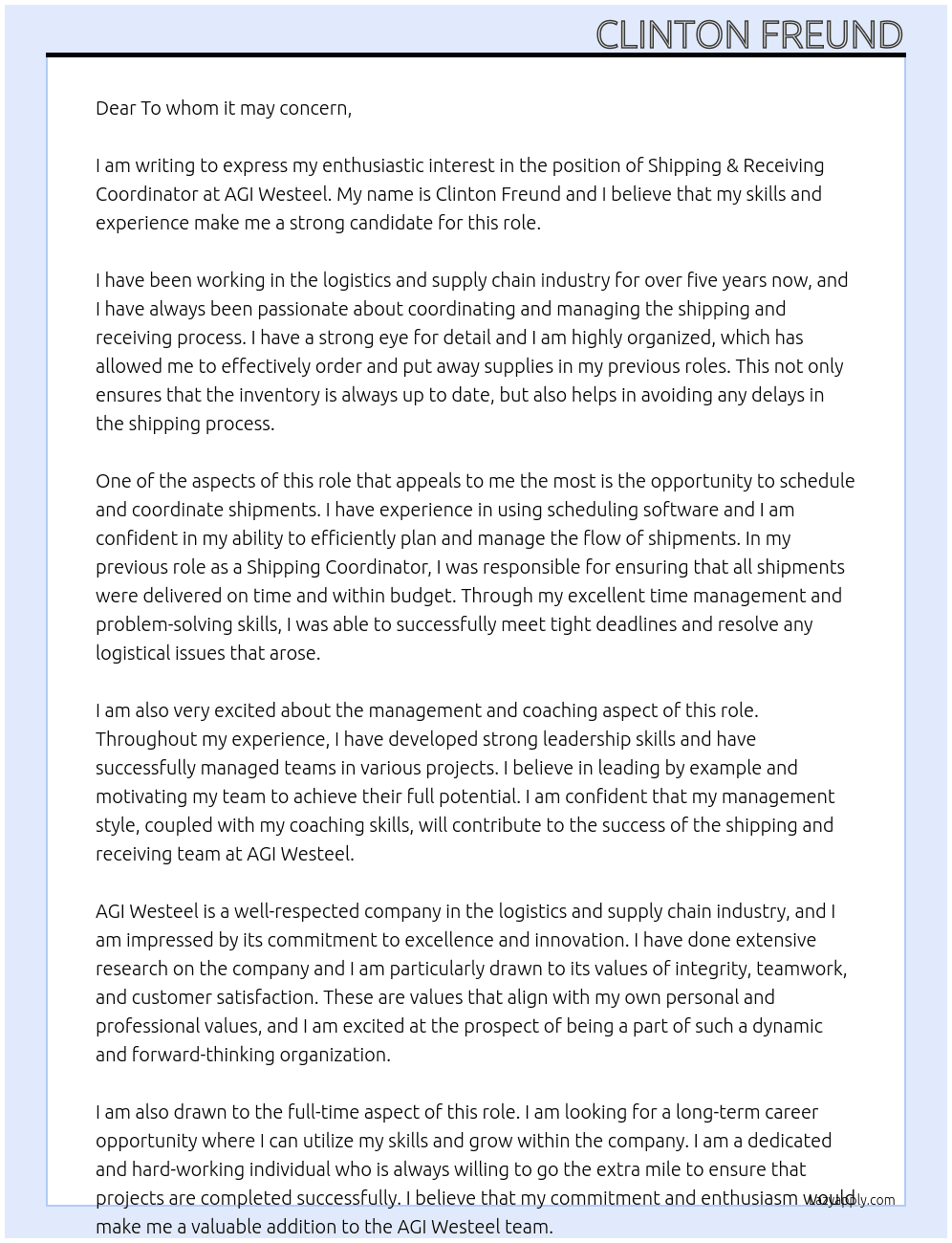 Shipping & Receiving Coordinator At AGI Westeel Cover Letter
