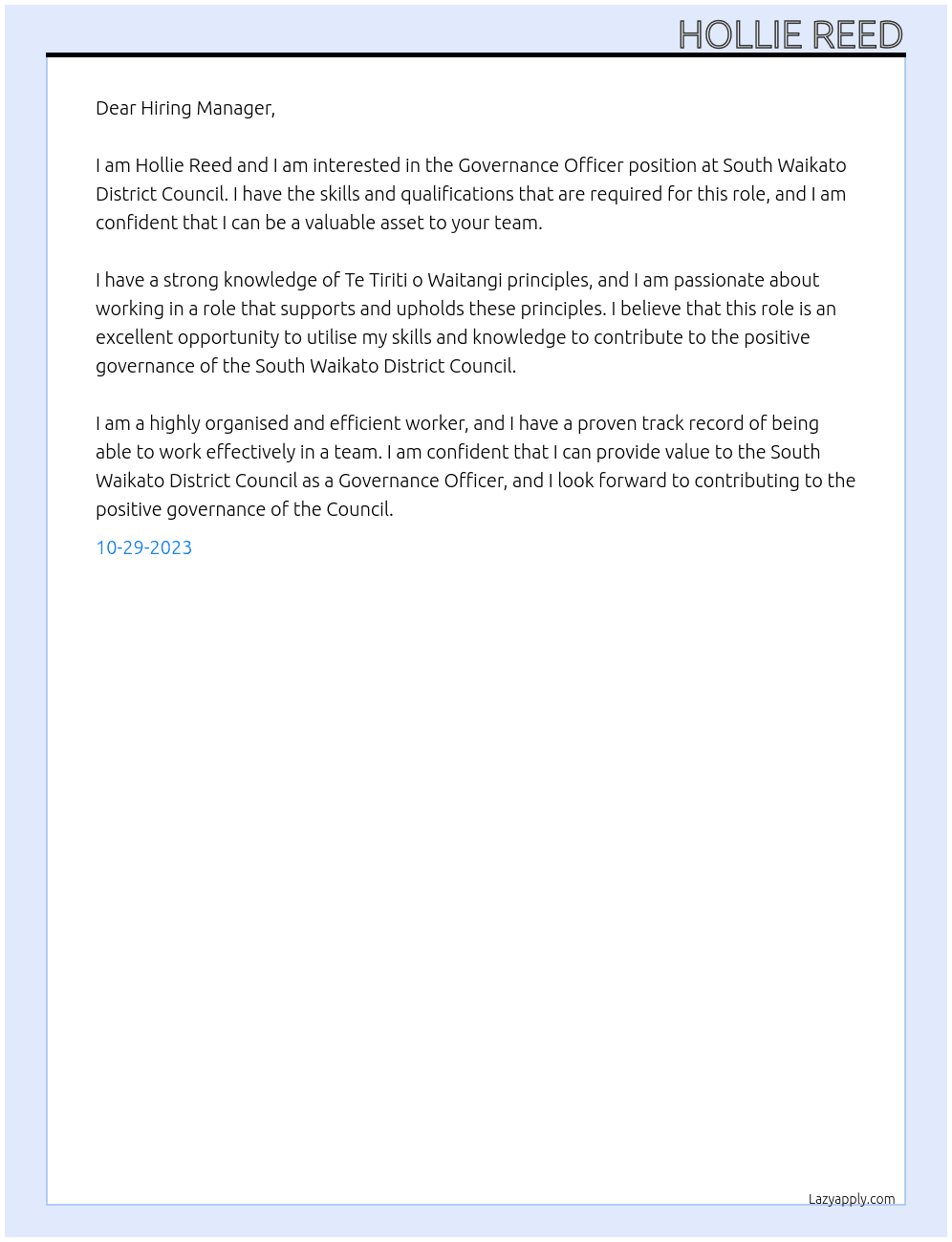 Governance Officer At South Waikato District Council Cover Letter