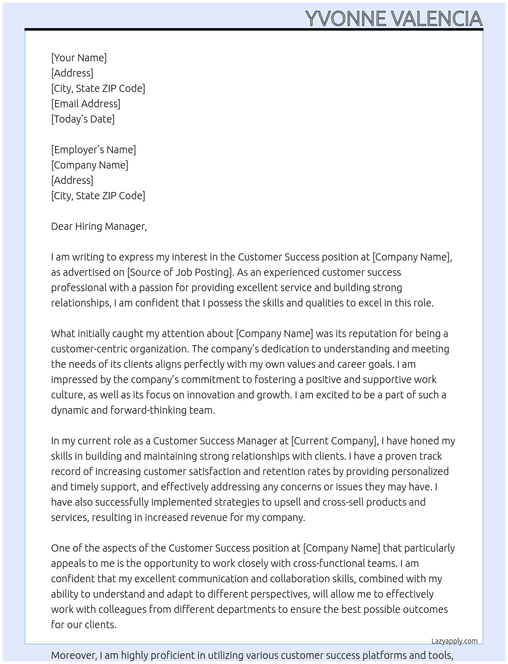 Customer Success At your company Cover Letter