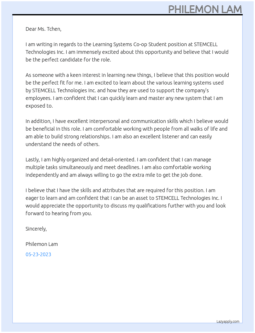 Learning Systems Co-op Student At STEMCELL Technologies Inc. Cover Letter