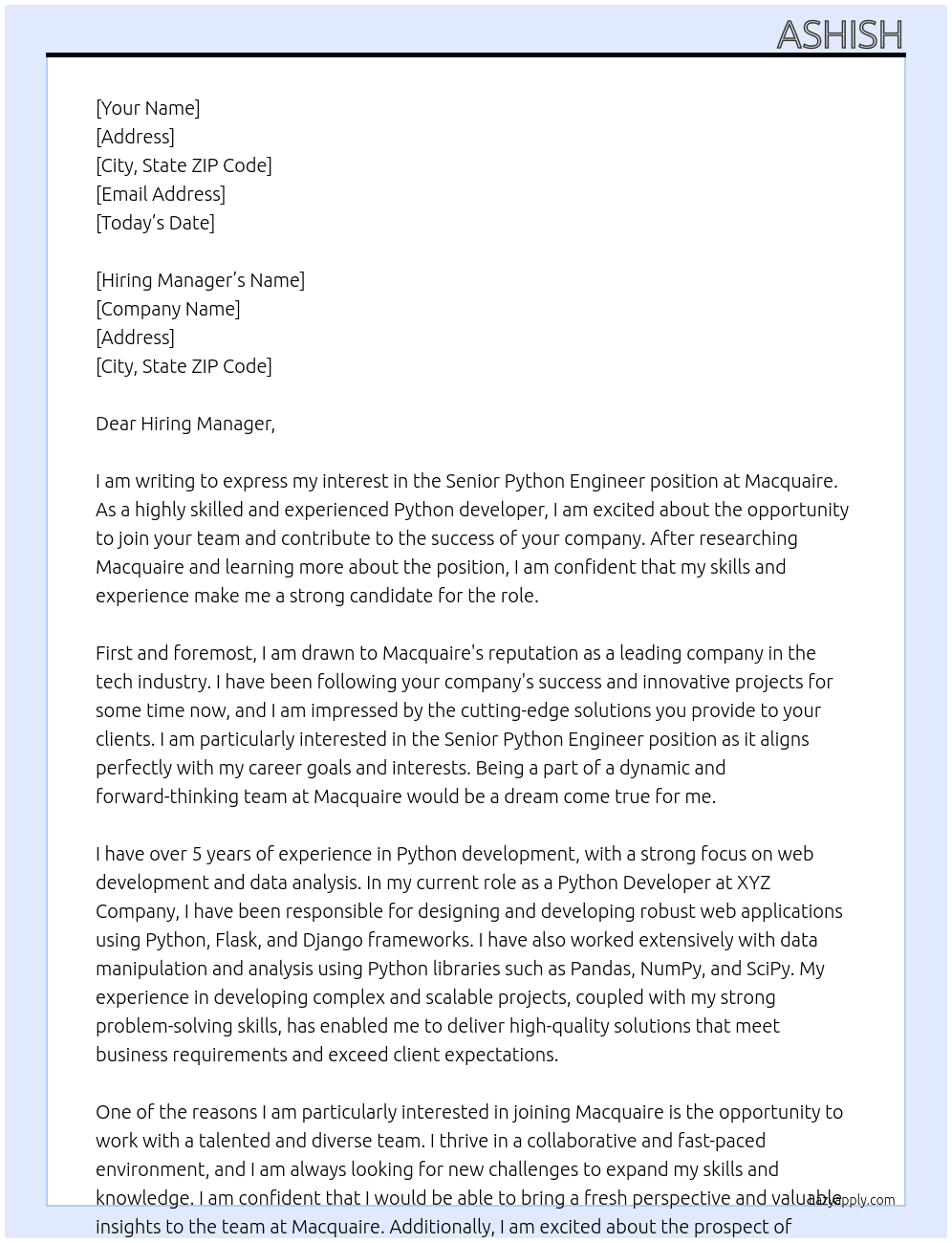 Senior Python Engineer At macquaire Cover Letter