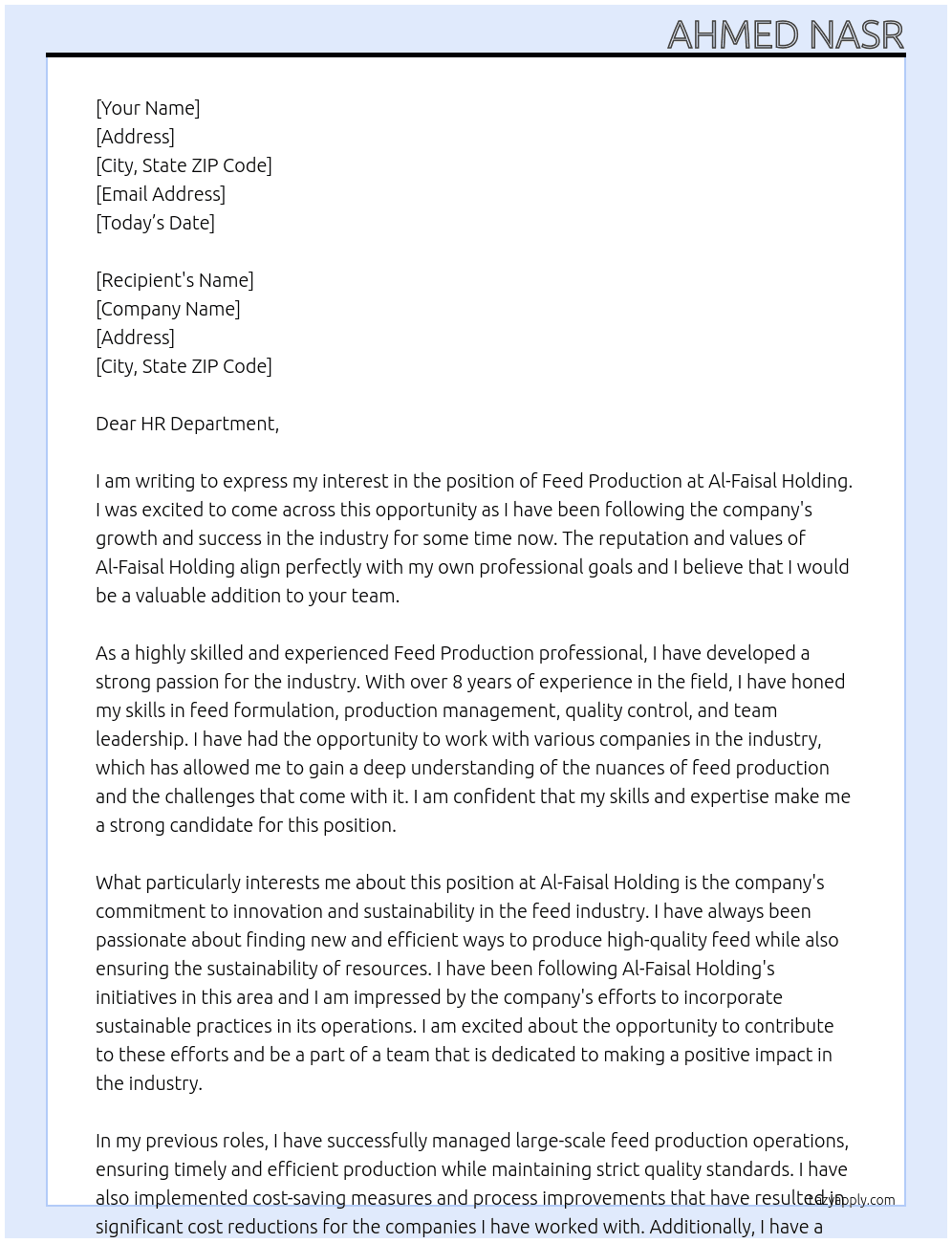 Feed Production At Al-Faisal Holding Cover Letter