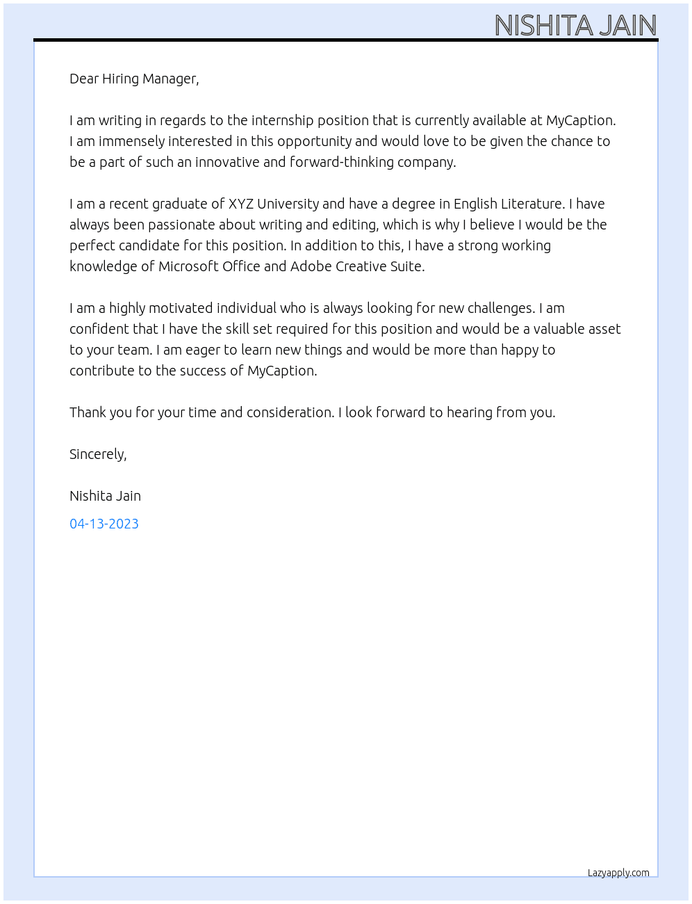 Internship At MyCaption Cover Letter