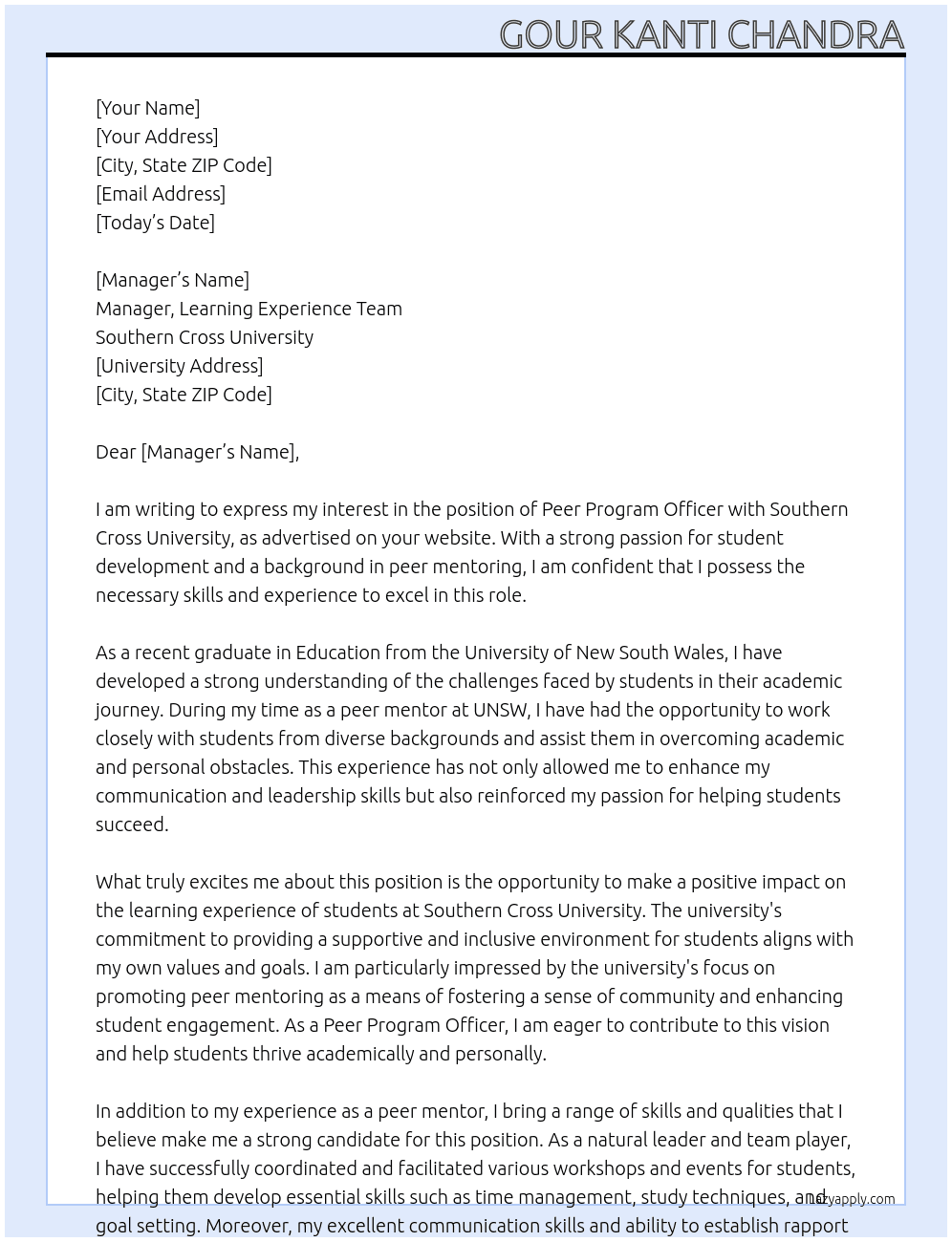 Peer Program Officer At Southern Cross University Cover Letter