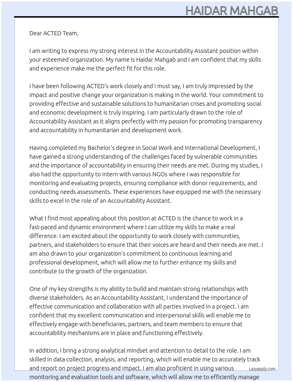 Accountability Assistant At ACTED Cover Letter