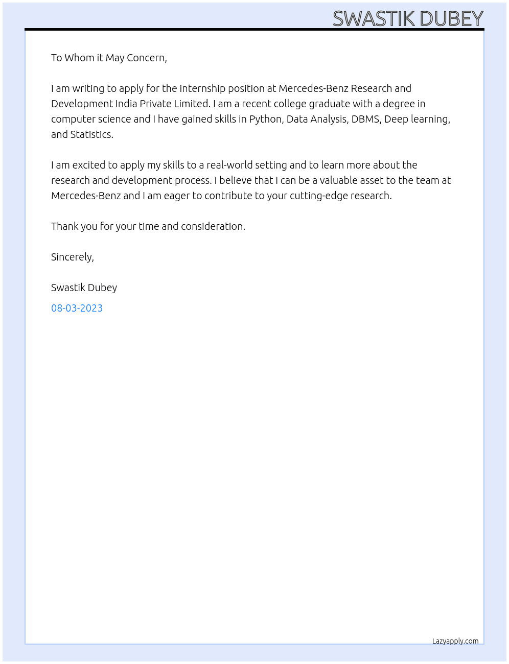 Intern At Mercedes-Benz Research and Development India Private Limited Cover Letter