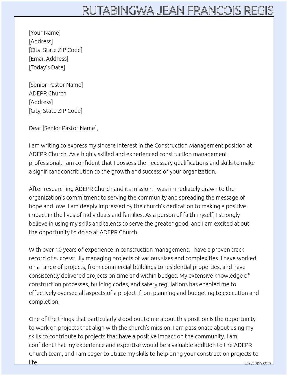 construction management At ADEPR Church Cover Letter