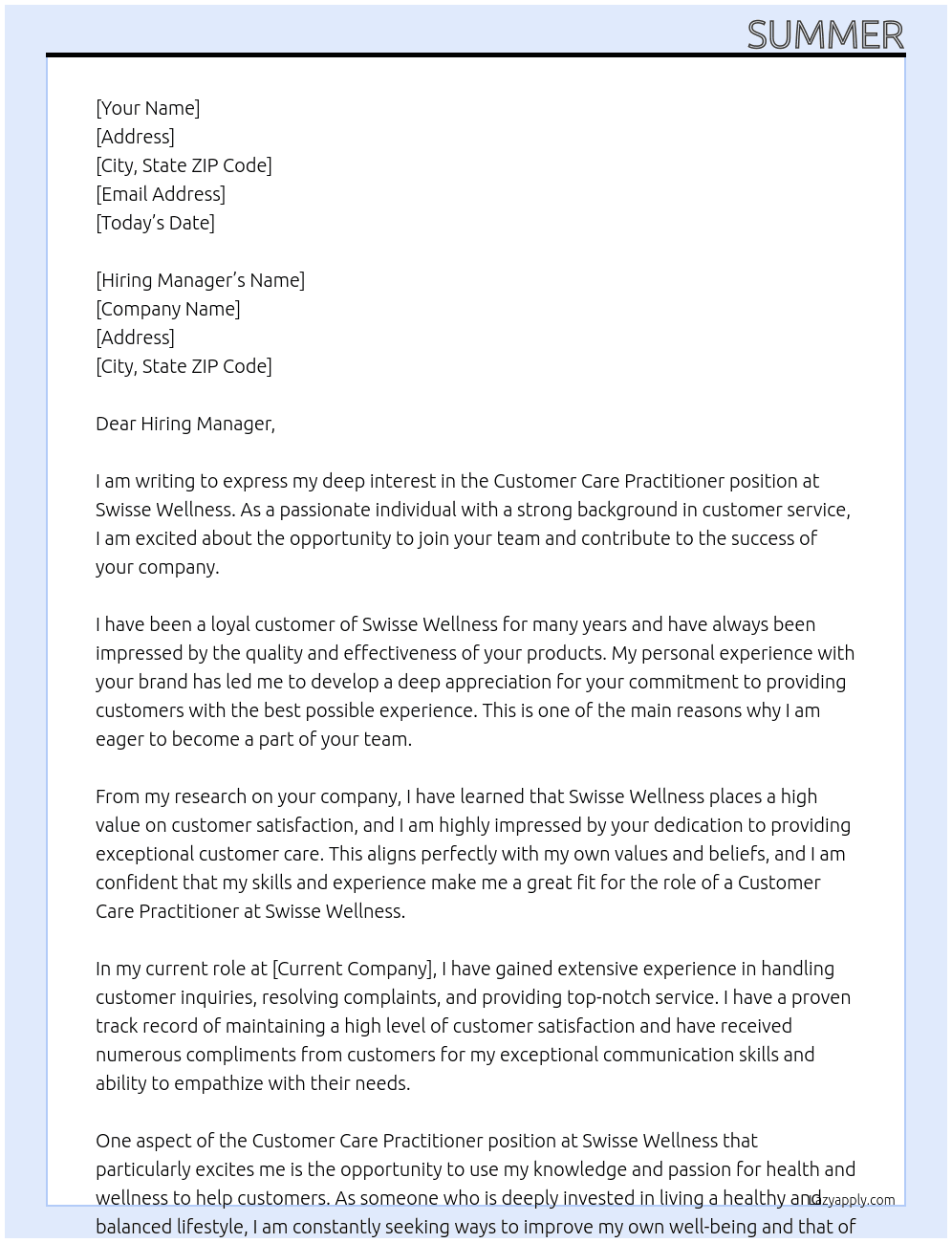 customer care practitioner At Swisse Wellness Cover Letter