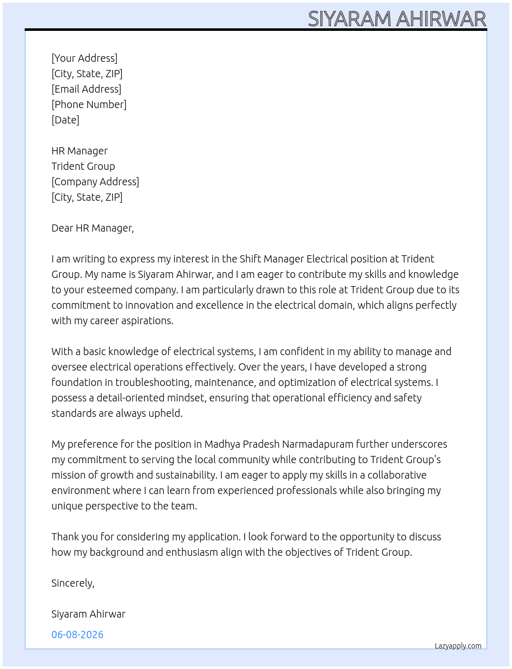 Shift Manager Electrical At Trident Group Cover Letter