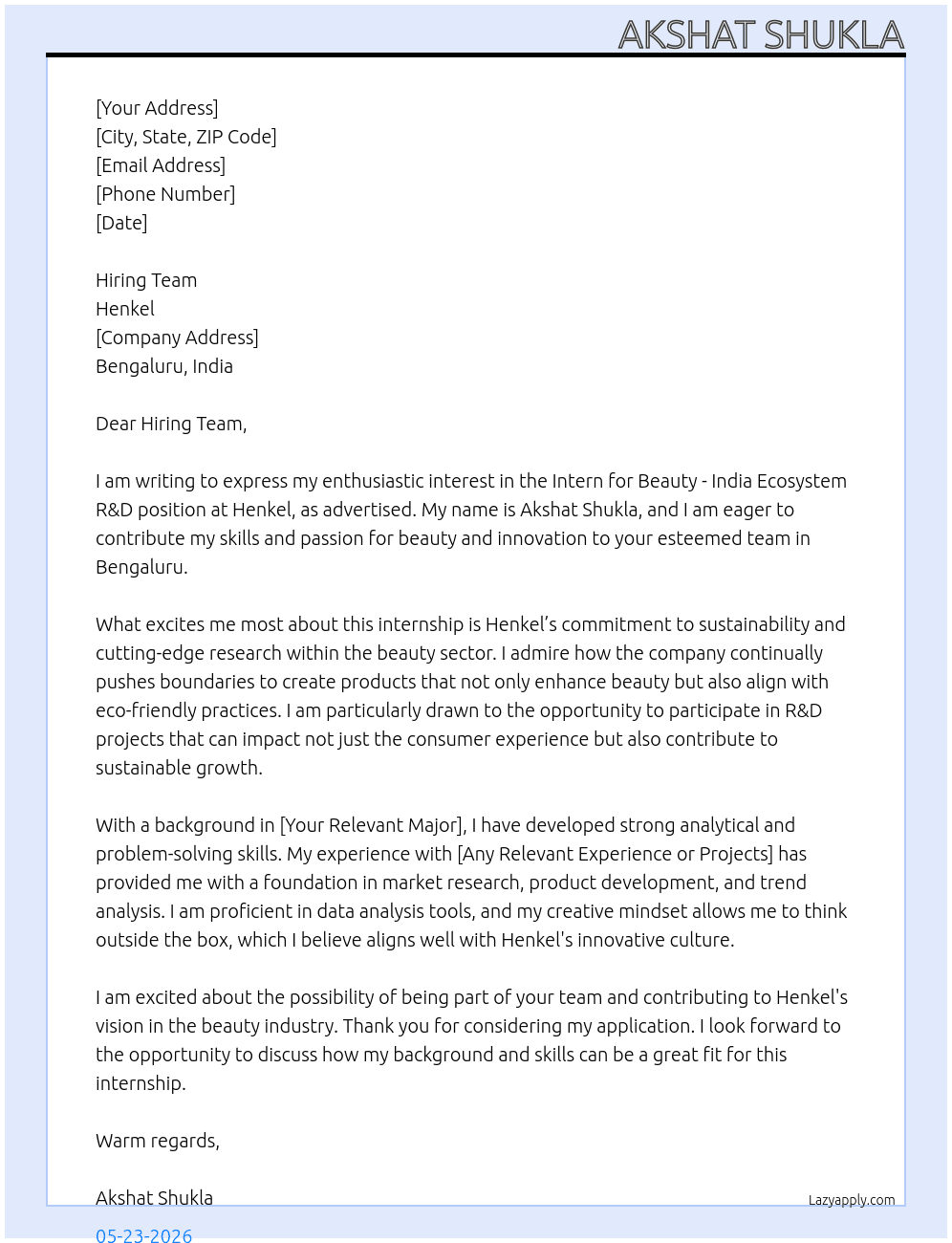 Intern for Beauty - India Ecosystem R&D At Henkel Cover Letter