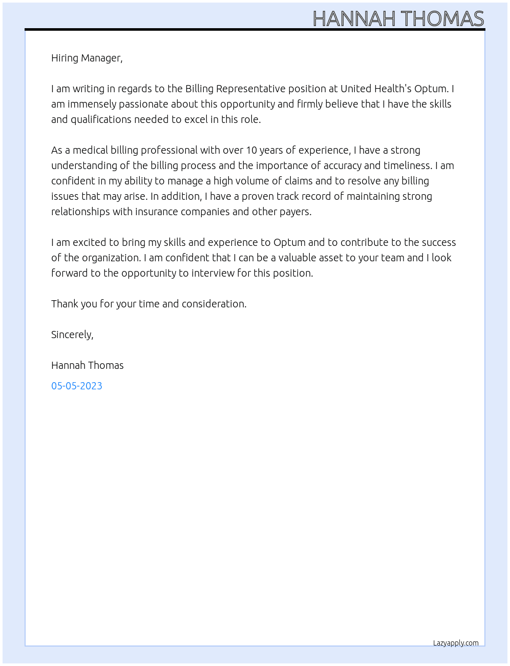 Billing Representative At United Health's Optum Cover Letter