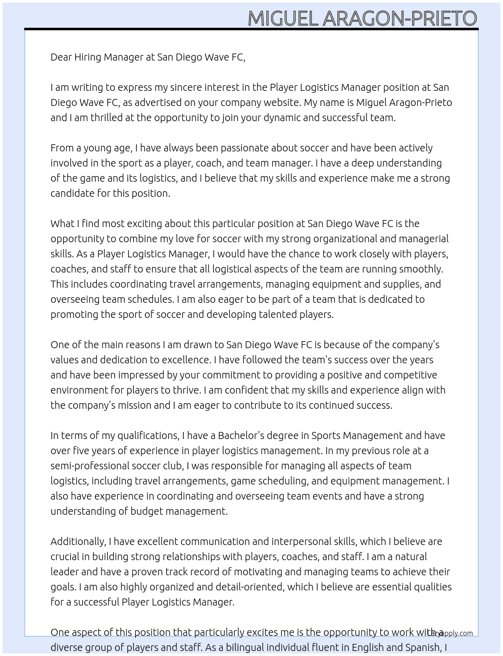 Player Logistics Manager At San Diego Wave FC Cover Letter