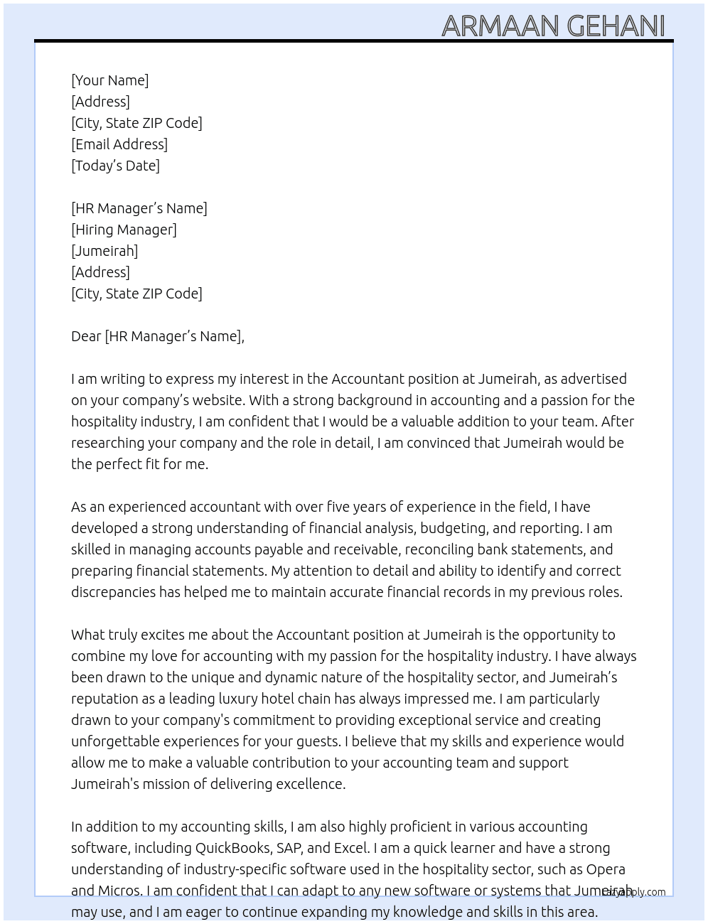 Accountant At Jumeirah Cover Letter