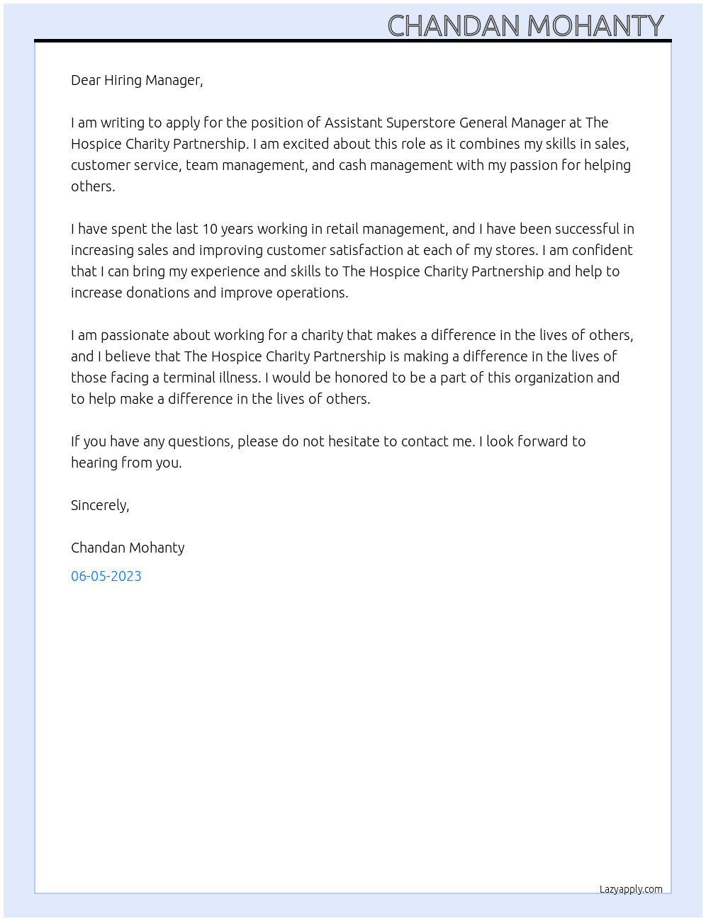 Assistant Superstore General Manager  At The Hospice Charity Partnership Cover Letter