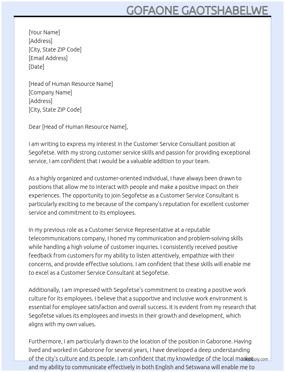 Customer Service Consultant  At Segofetse Cover Letter