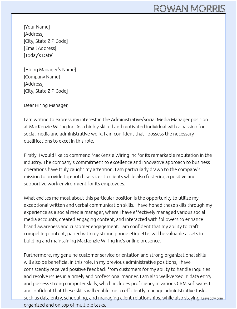 Administrative / Social Media Manager At MacKenzie Wiring Inc Cover Letter
