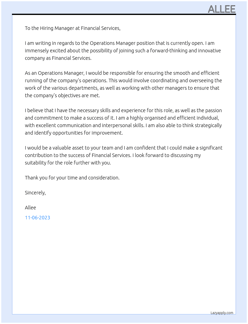 Operations manager At Financial services Cover Letter