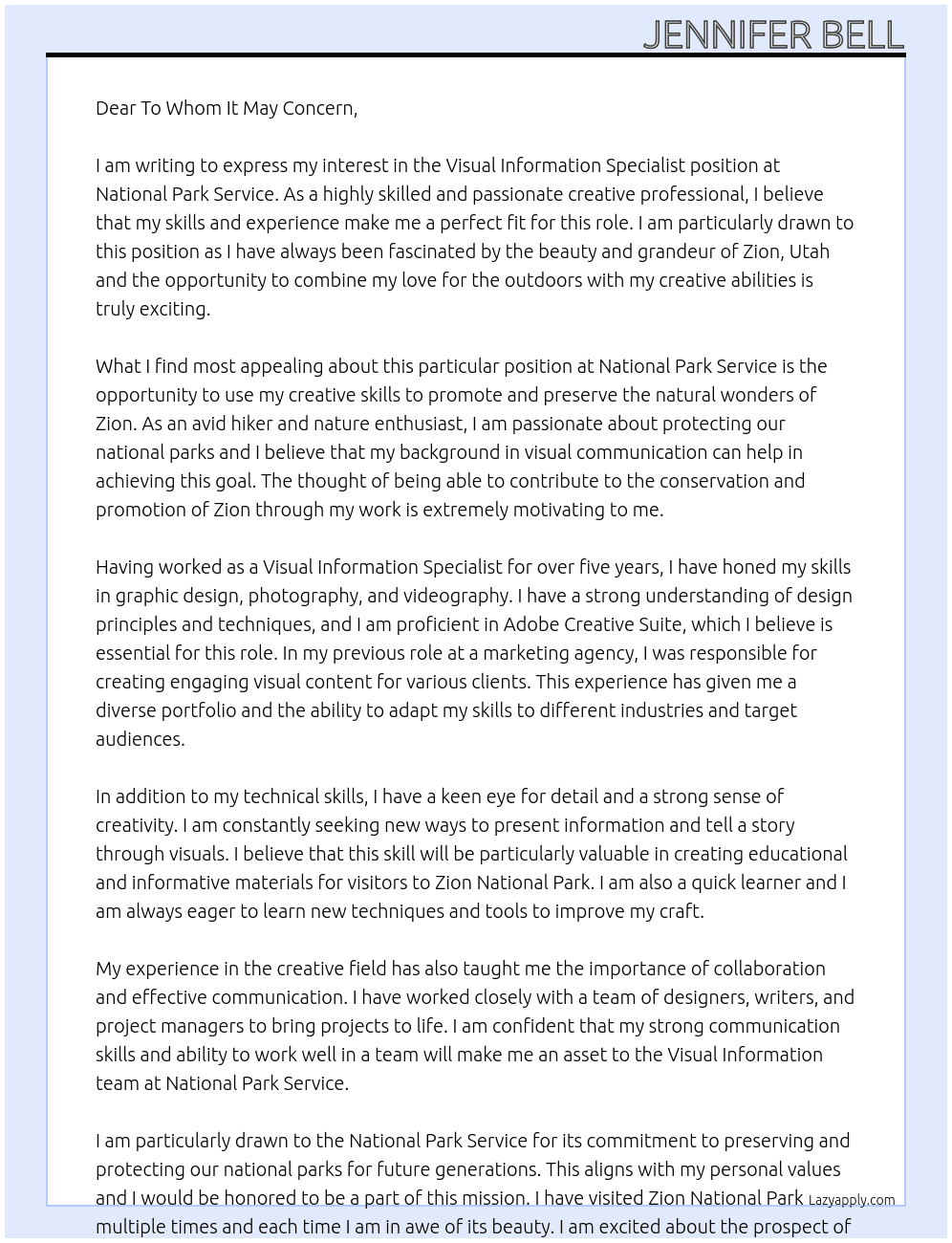 Visual Information Specialist At National Park Service Cover Letter
