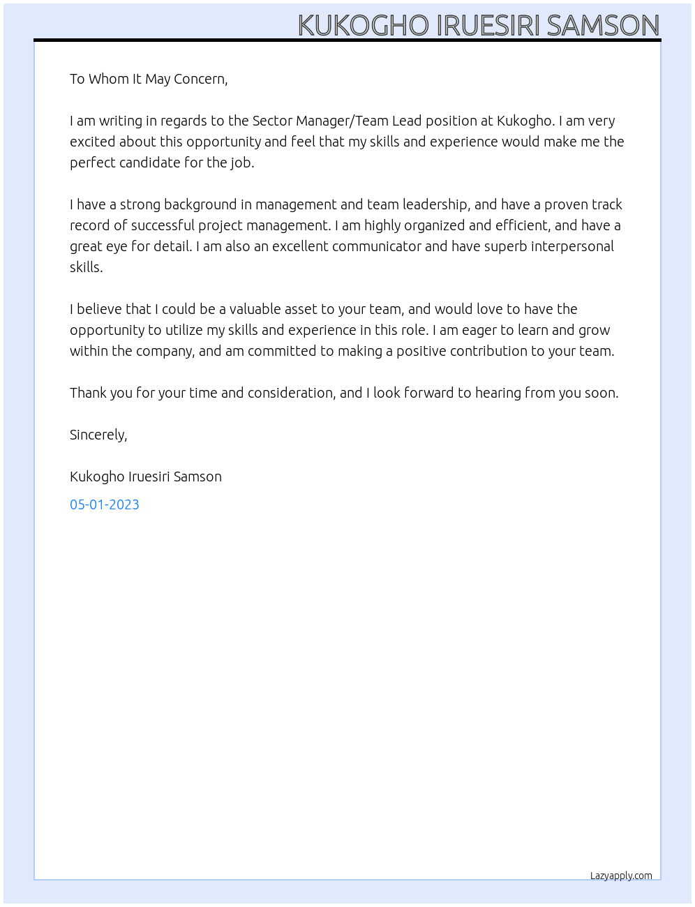 Sector Manager/Team Lead At Kukogho Cover Letter